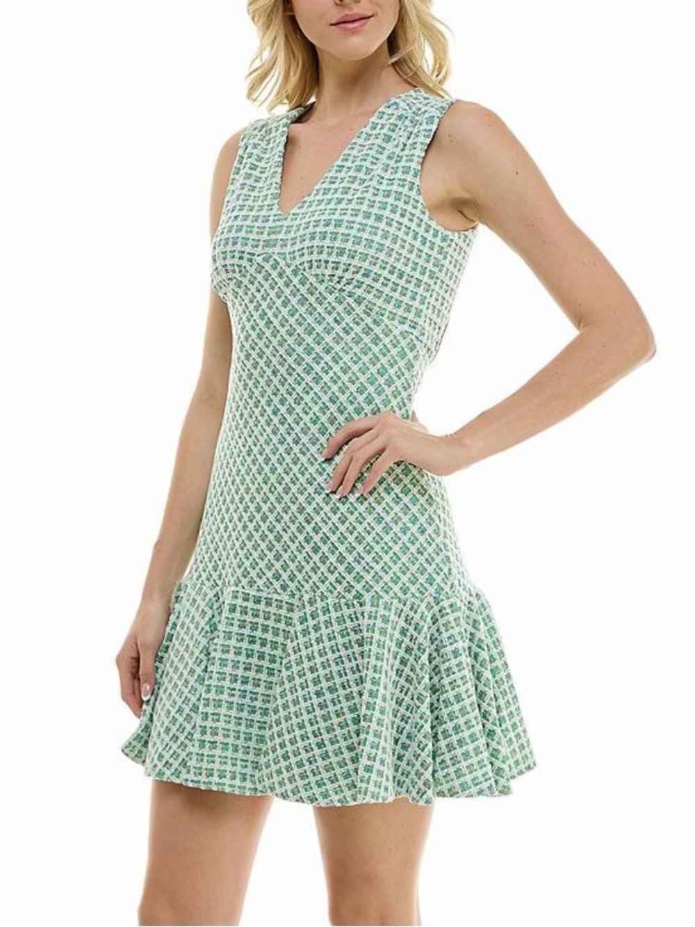 Sleeveless Green V-Neck Fit & Flare Flounce Hem Dress